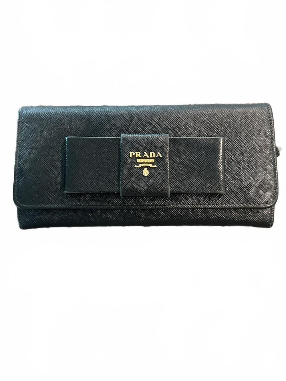 Prada Black Saffiano Bow Continental Card Holder Wallet